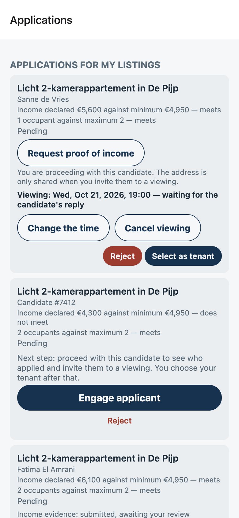 The Applications screen in Roost: each application's answers next to the published requirements, with the landlord's next step.