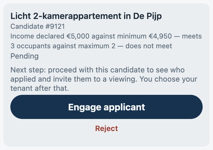 An application as a candidate number: declared income and number of occupants next to the published requirements, with the button to proceed.