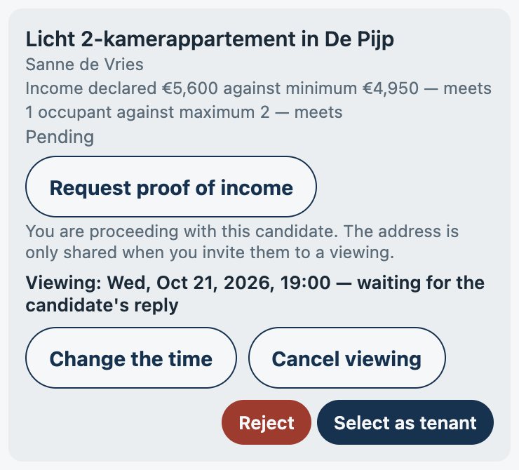 A candidate shown by name after the landlord proceeded, with a viewing waiting for a reply.