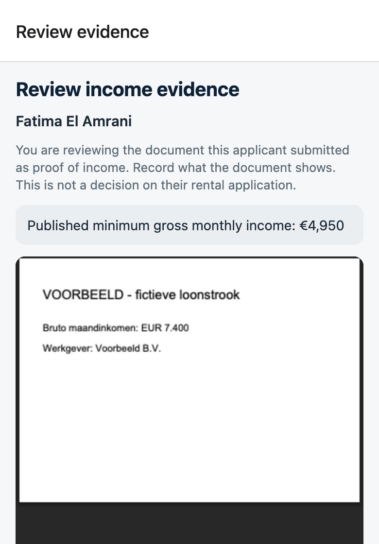 The proof of income review screen with a sample payslip.