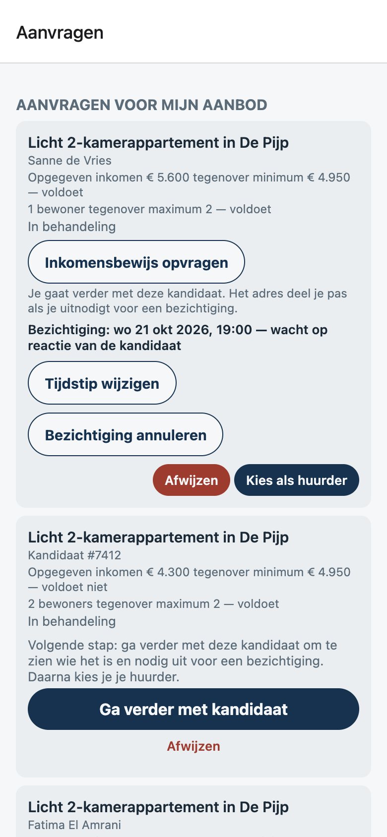 Het scherm Aanvragen in Roost: per aanvraag de antwoorden naast de gepubliceerde eisen, met de volgende stap voor de verhuurder.