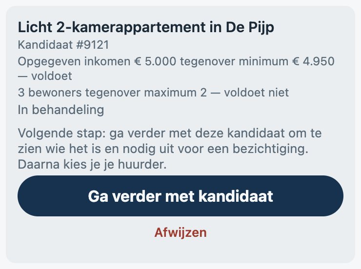 Een aanvraag als kandidaatnummer: opgegeven inkomen en aantal bewoners naast de gepubliceerde eisen, met de knop Ga verder met kandidaat.