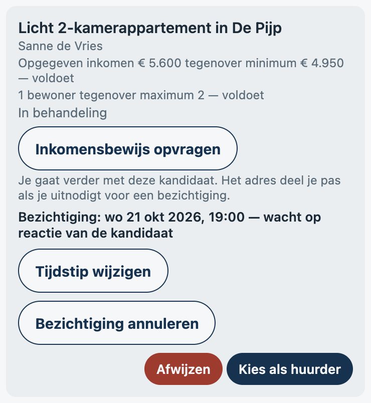 Een kandidaat met naam, nadat de verhuurder verder is gegaan, met een bezichtiging die op reactie wacht.
