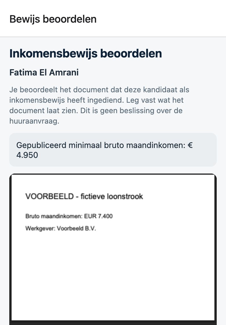 Het scherm Inkomensbewijs beoordelen met een voorbeeldloonstrook.